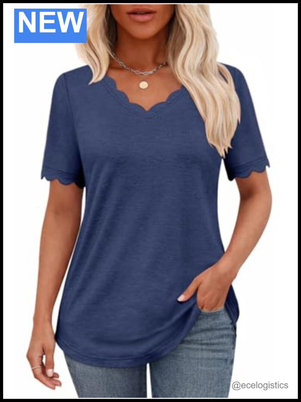 Scalloped V Neck Short Sleeve Top Lightweight Knit Soft Smooth Loose Fit Curved
